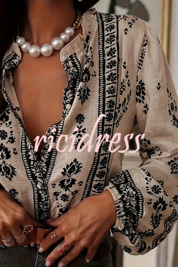 Unique Print Long-Sleeved Button-Up Elegant Shirt