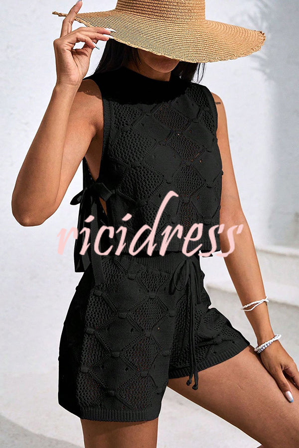 Solid Color Sleeveless Tie Knitted Vest and Loose Elastic Waist Drawstring Shorts Set