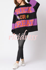 Halloween Letter Sequined Color Block Loose Casual Sweatshirt