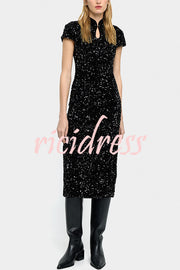 Cheongsam Style Velvet Sequin Stand Neck Short Sleeve Slit Midi Dress
