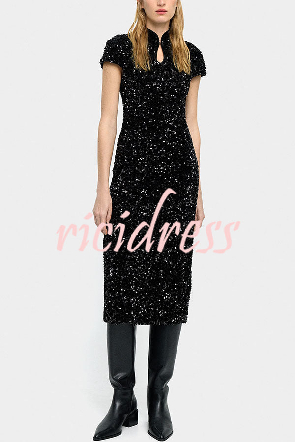 Cheongsam Style Velvet Sequin Stand Neck Short Sleeve Slit Midi Dress