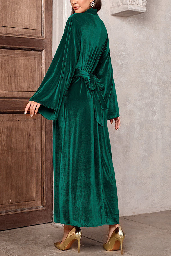 Solid Color Velvet Bell Sleeves Tie Waist Elegant Maxi Dress