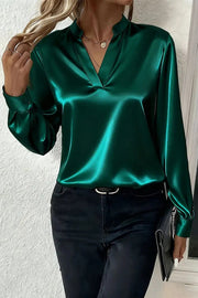 Solid Color Satin Loose V-neck Long-sleeved Casual Shirt
