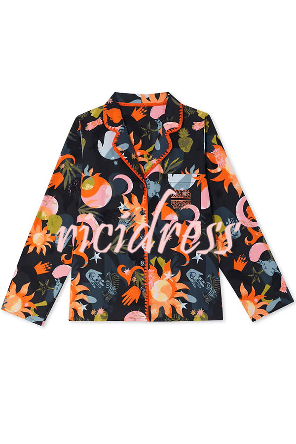 Evening Routine Unique Print Color-block Trim Loose Shirt and Elastic Waist Pocketed Pajama Set