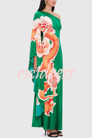 Elegance and Grace Satin Dragon Print One Shoulder Drape Sleeve Maxi Dress