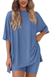 Solid Color Loose Short-sleeved Top and Stretch Casual Shorts Set