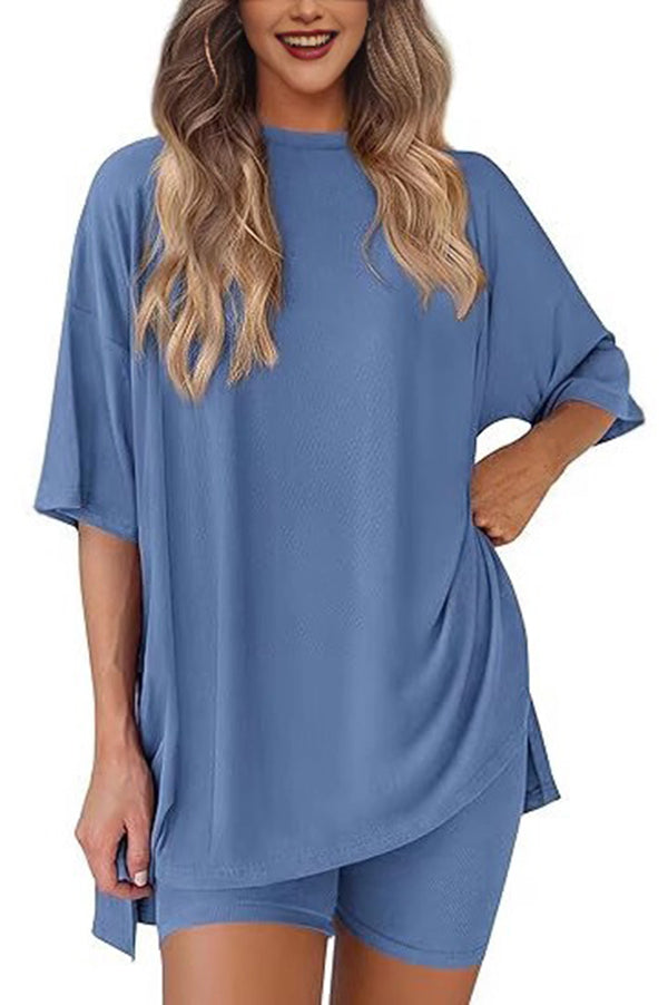Solid Color Loose Short-sleeved Top and Stretch Casual Shorts Set