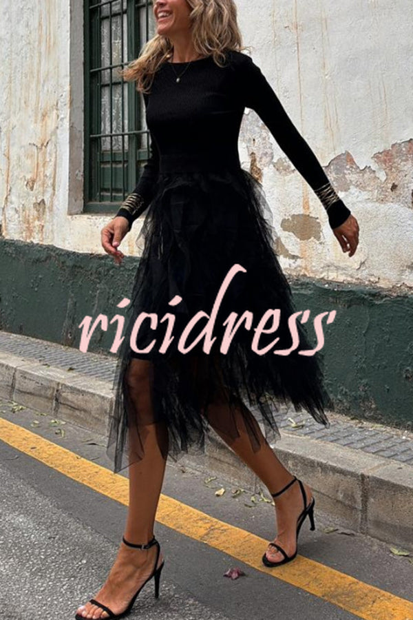 Jansen Ribbed Knit Patchwork Layered Tulle Ruffles Long Sleeve Midi Dress