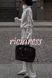 Morning Coffee Walks Ribbed Turtleneck Long Sleeve Sweatshirt and Elastic Waist Pocketed Loose Pants Set