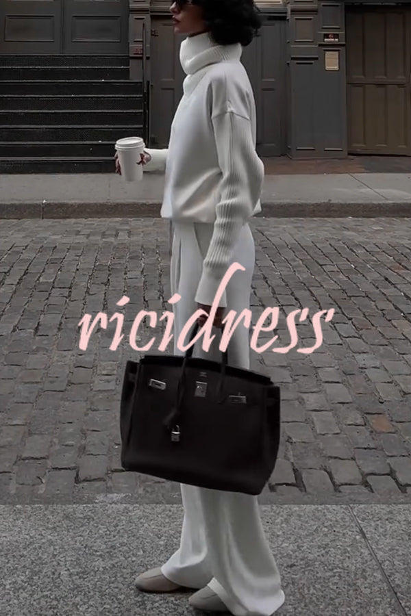 Morning Coffee Walks Ribbed Turtleneck Long Sleeve Sweatshirt and Elastic Waist Pocketed Loose Pants Set