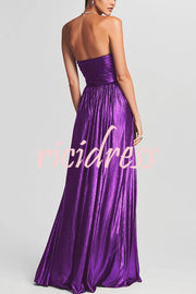 Goddess Temperament Metallic Pleated Fabric Off Shoulder Slit Maxi Dress