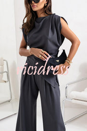 Jordy Ruched Shoulder Slit Top and Elastic Waist Pocketed Wide Leg Pants Set