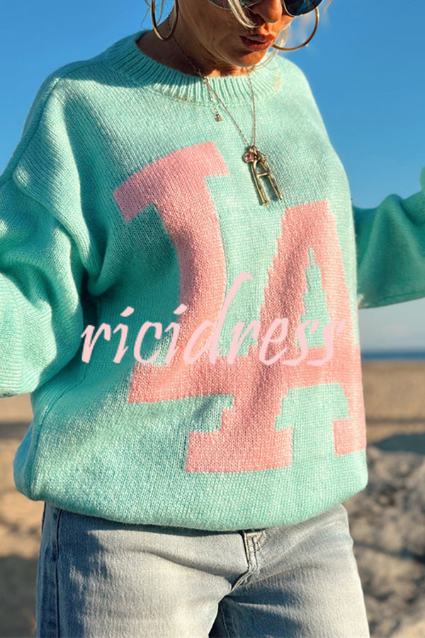 Letter Pattern Crew Neck Long Sleeve Loose Knit Sweater