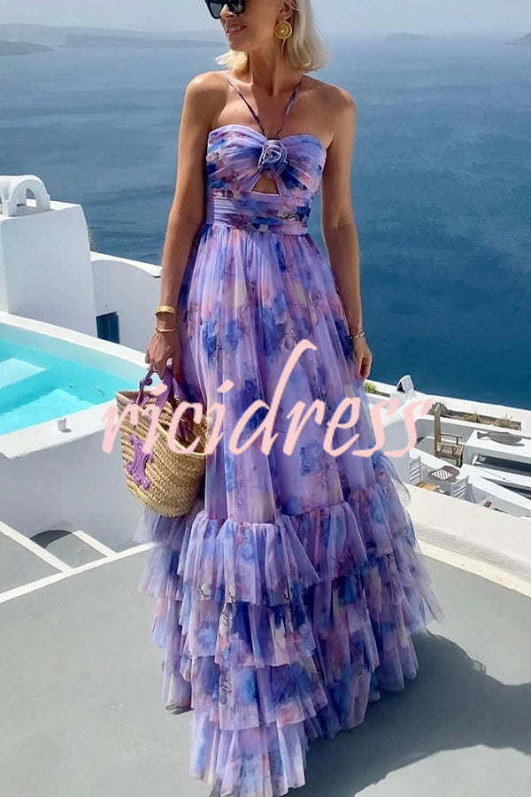 Dreamy Clouds Tulle Printed Rose Detail Cutout Ruffles Tiered Halter Maxi Dress