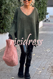 Fashionable Patchwork V-neck Long-sleeved Knitted Sweater