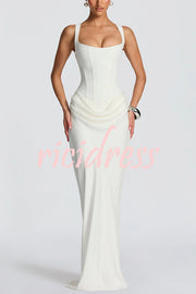 Larrah Square Neck Back Lace-up Satin Drape Hem Maxi Dress