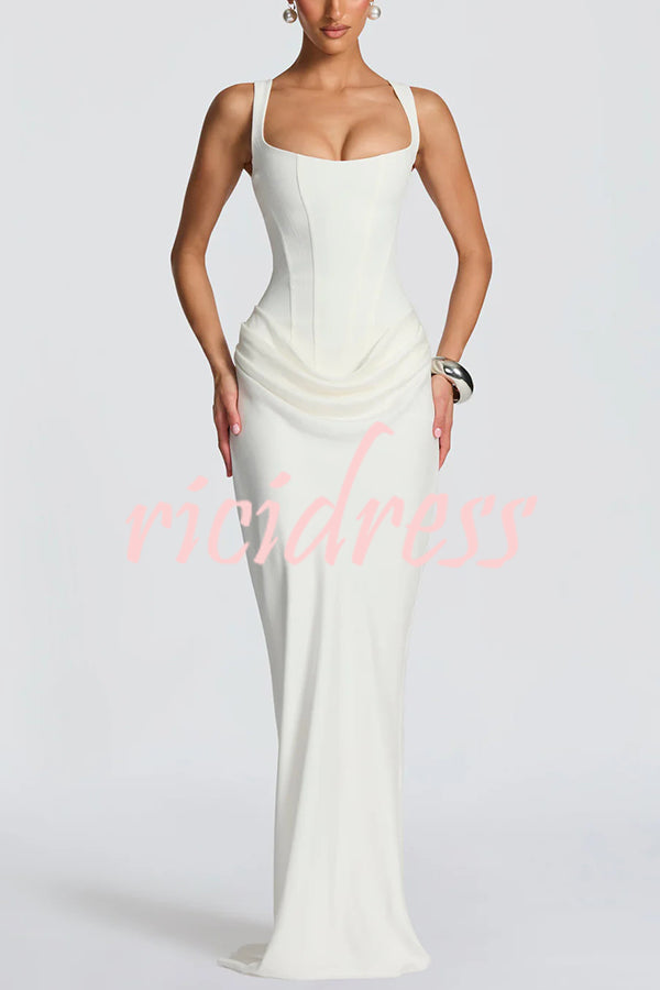 Larrah Square Neck Back Lace-up Satin Drape Hem Maxi Dress