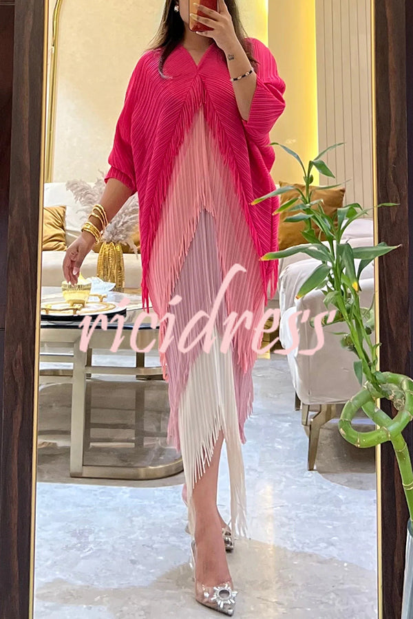 Fashionable Color-blocked Multi-layered Tassel Loose Midi Dress