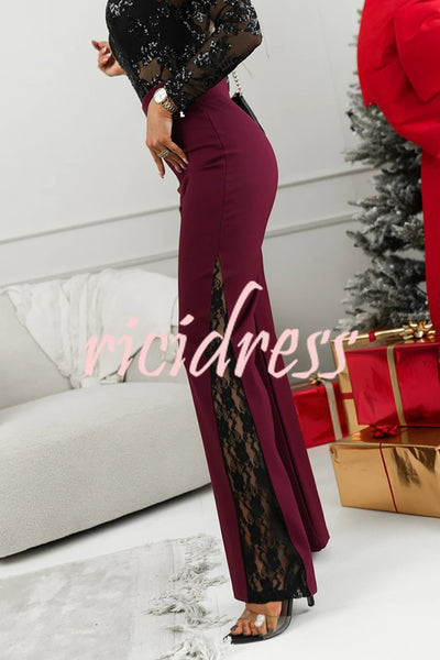 Joelie High Rise Elastic Waistband Side Lace Patchwork Flare Pants