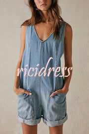 Stylish Loose Sleeveless Pocket Straps Adjustable Denim Rompers