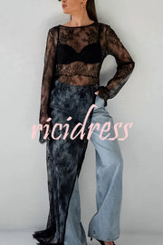 Sexy Openwork Lace Long-sleeved Asymmetrical Casual Top