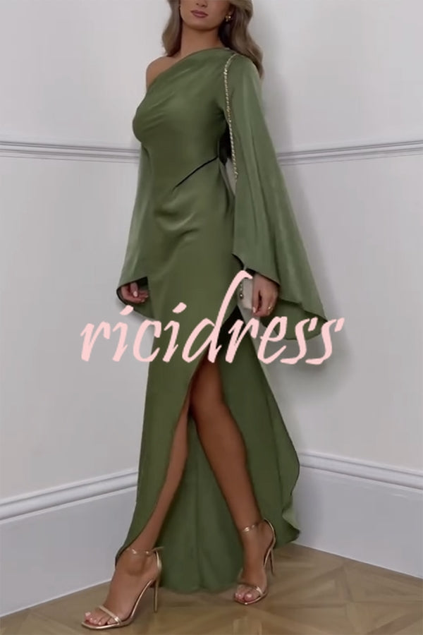 Zayla Satin Asymmetrical One Shoulder Bell Sleeve Slit Maxi Dress