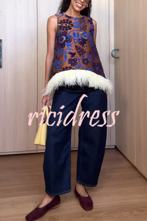 Emina Floral Feather Trim Trapezoidal Silhouette Asymmetrical Hem Top