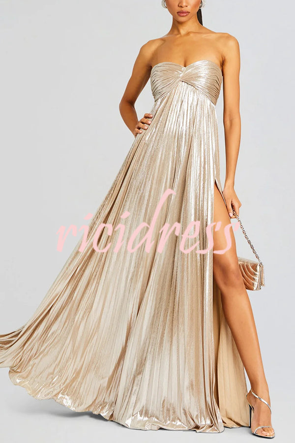 Metallic Sexy Tube Top Pleated High Slit Maxi Dress