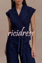 Charley Denim Button Up Cap Short Sleeve Structured Tie-up Lapel Top