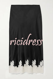 Celebration Look Contrast Color Satin Lace Trim Elastic Waist Drape Midi Skirt