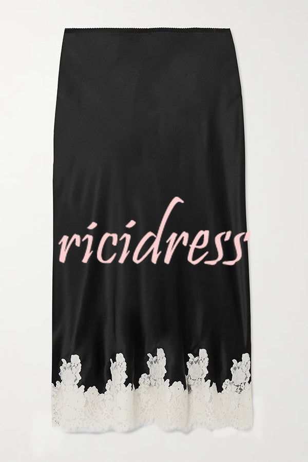 Celebration Look Contrast Color Satin Lace Trim Elastic Waist Drape Midi Skirt