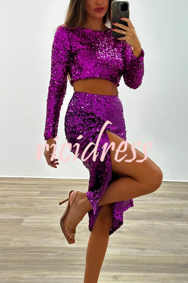 Solid Sequined Long-sleeved Crop Top and Sexy Slit Midi Skirt Set