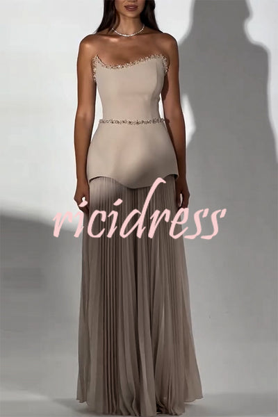 Capture The Moment Gem Trim Pleated Hem Strapless Maxi Dress
