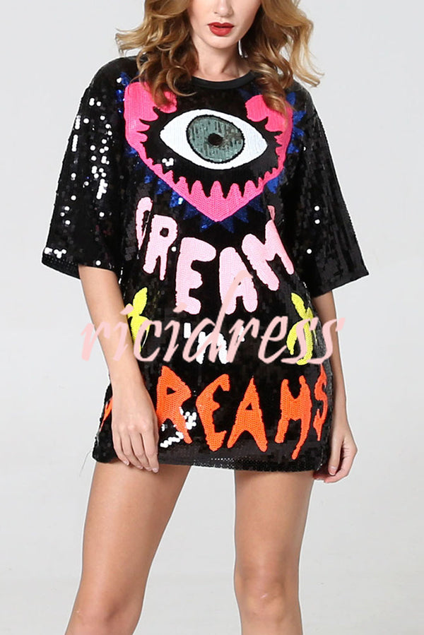 Love Eyes Letters Sequined Round Neck Short Sleeve Mid-Length Loose T-Shirt