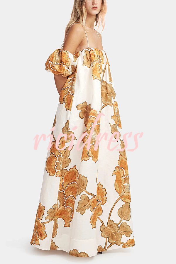 Floral Print Suspenders Puff Sleeves Loose Pocket Holiday Maxi Dress