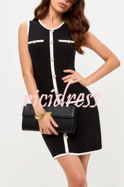 Elegant Sleeveless Round Neck Pearl Button Knitted Mini Dress