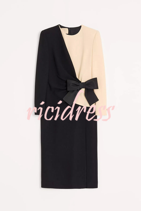 Love Unfolded Contrast Color Side Bow Tie-up Long Sleeve Slit Midi Dress