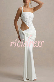 Sexy One-shoulder Backless Ribbon Pleated Slim Maxi Dress