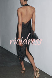 Dolly Satin Lace Trim Mid Rise Slit Drape Midi Skirt
