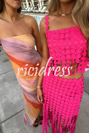 Caitlin See Through Circle Embroidery Square Neck Tassle Hem Slip Tank