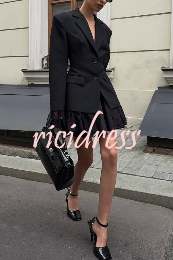 Solid Color Lace Panel Long Sleeve Button Elegant Blazer