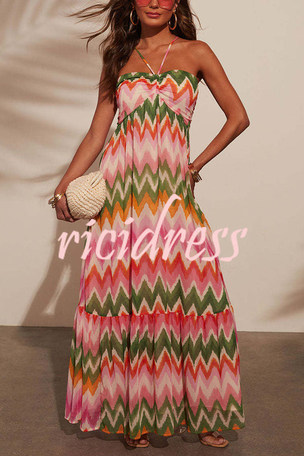 Colorful Zigzag Pattern Halter Backless Pleated Holiday Maxi Dress