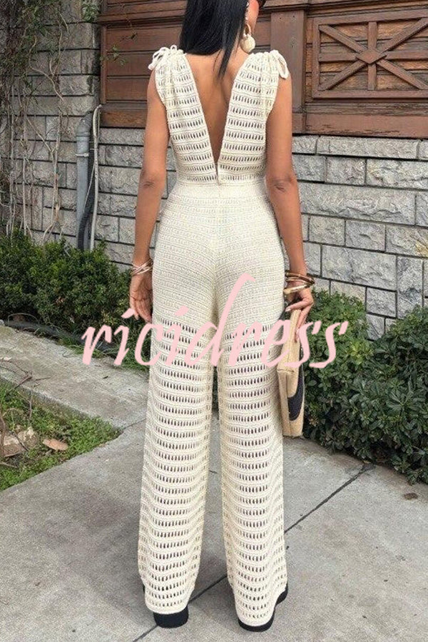 Solid Color Knitted V-neck Holiday Hollow Casual Jumpsuit