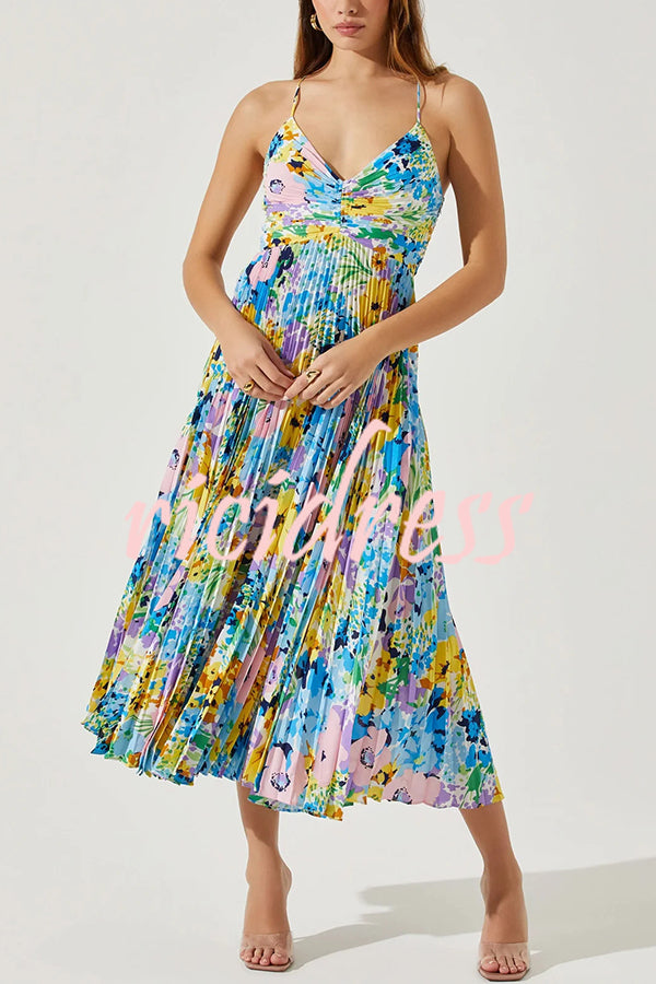 Wedding Party Season Floral Print Pleated Back Tie-up Midi Dress