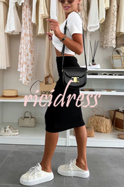 Perfect Basics Ribbed Knit Elastic Waistband Stretch Midi Skirt