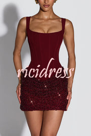 Yeona Square Neck Back Lace-up Sequin Embroidery Drape Hem Mini Dress