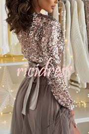 Holiday Party Sequin Long Sleeve Back Satin Tie-up Crop Top