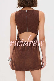 Atlas Faux Suede Open Back Button Accents Zipper Mini Dress