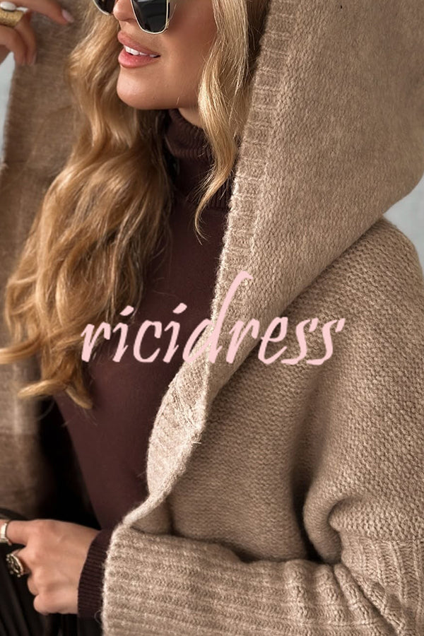 Fashionable Knit Patchwork Color Long-sleeved Hooded Loose Mid-length Cardigan