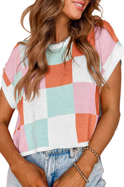 Fashionable Checkerboard Color Block Short-sleeved Loose Sweater